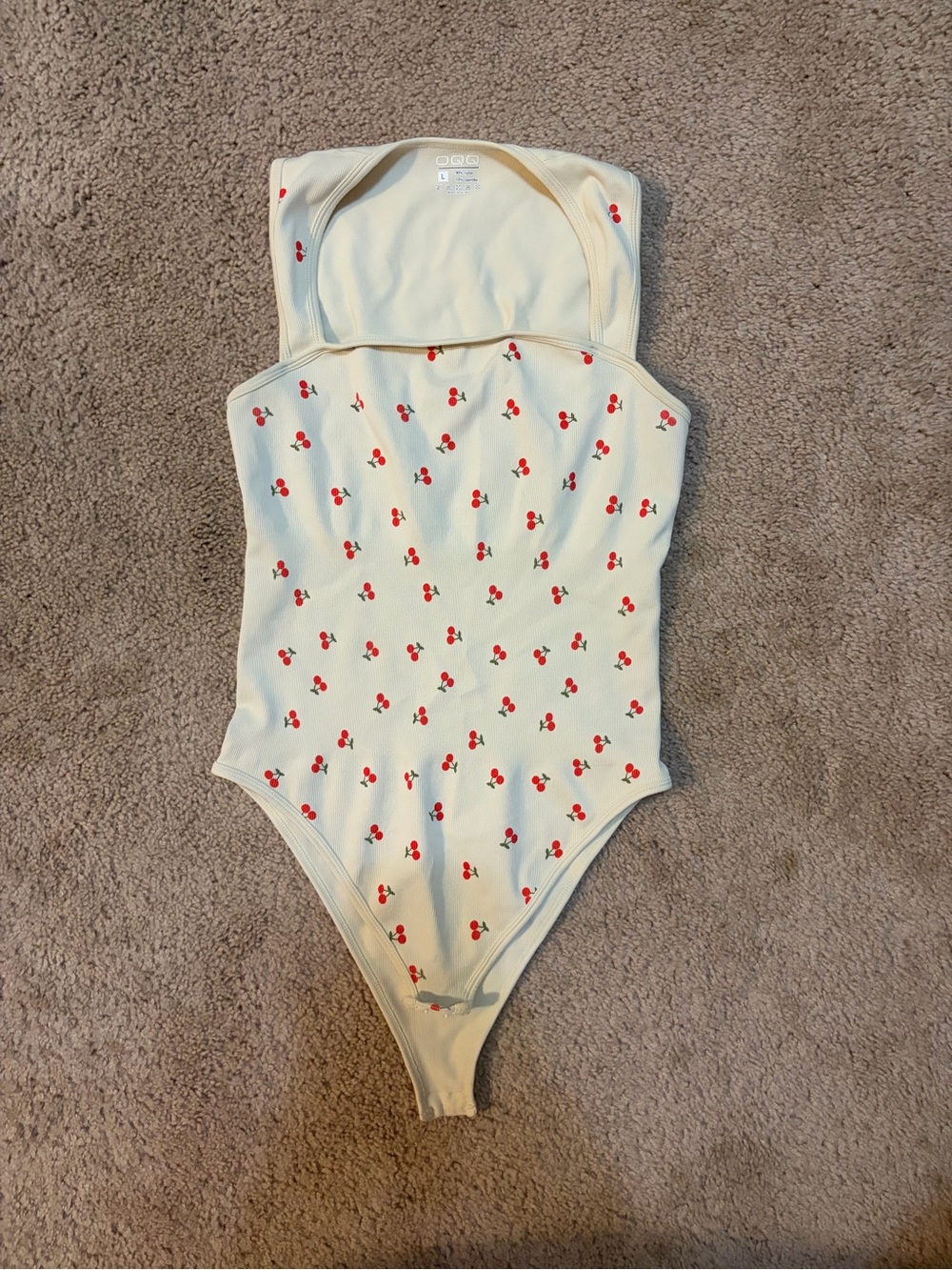 Cream Cherry-Print Strapless Bodysuit with Scoop Back